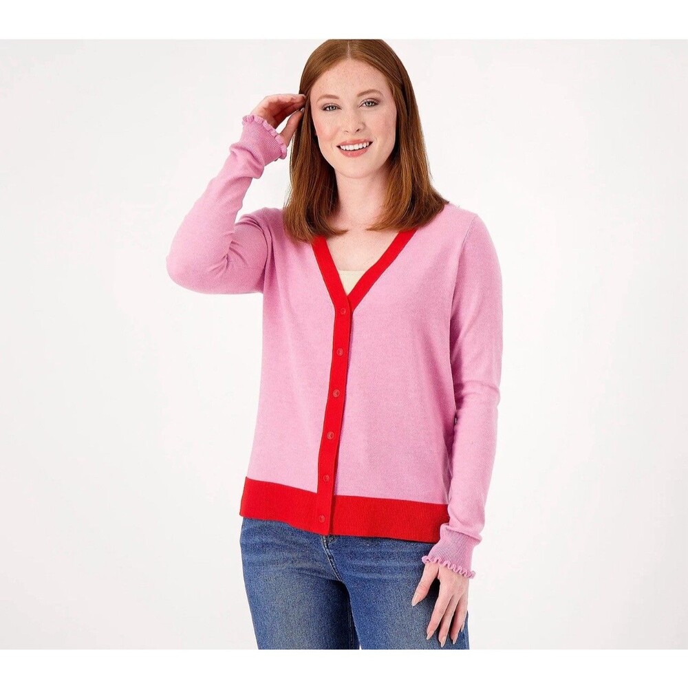 Candace Cameron Bure Surfside Button-Front V-Neck Cardigan Shirt Camellia Red Sm